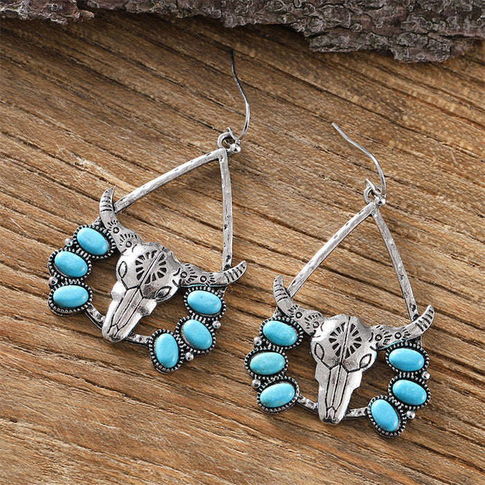 Wholesale Western style bull head tribal turquoise earrings exaggerated retro ethnic style earrings temperament earrings