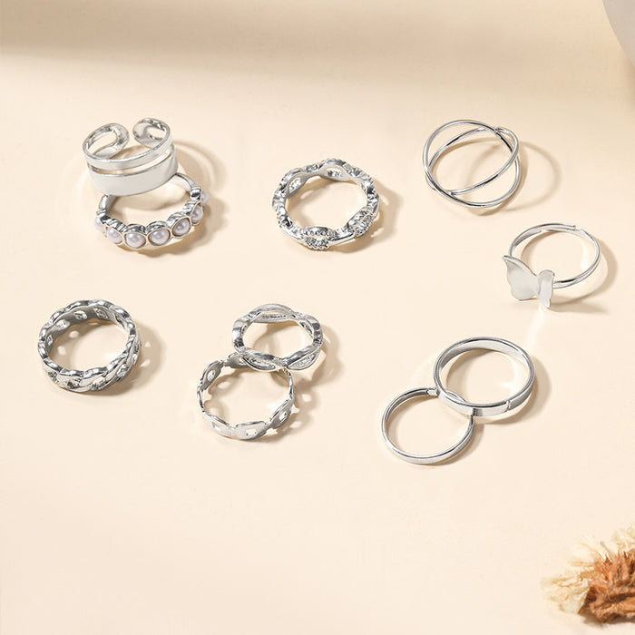 Wholesale Jewelry Simple Pearl Ring Butterfly Alloy Ring Set 10 Piece Set Batch