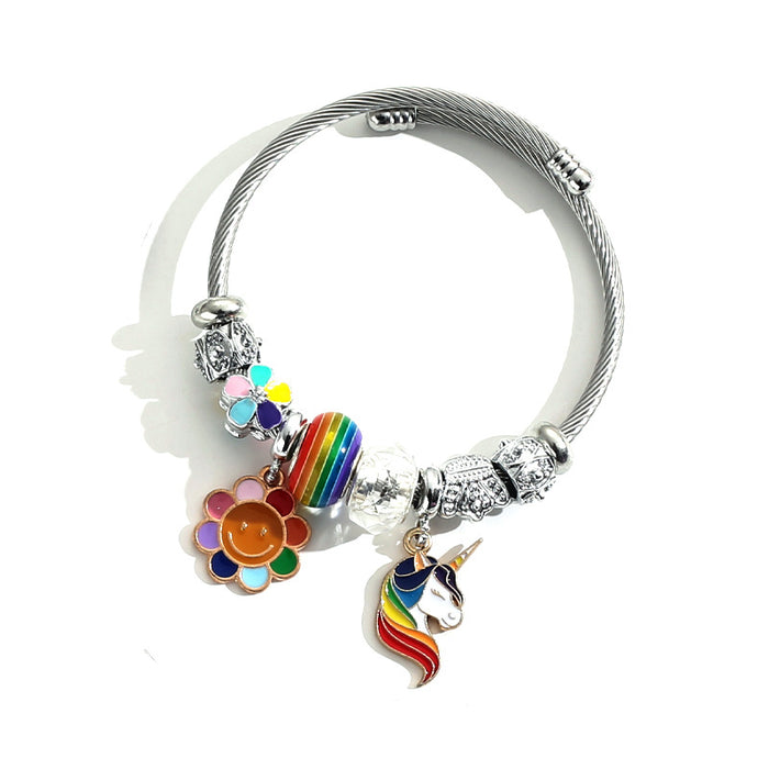 Wholesale Stainless Steel Unicorn Sunflower Pendant Opening Adjustable Beaded Bracelet