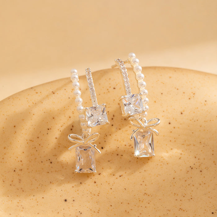 Wholesale  Micro-Paved Zircon Sugar Cube Bow Pearl Earrings