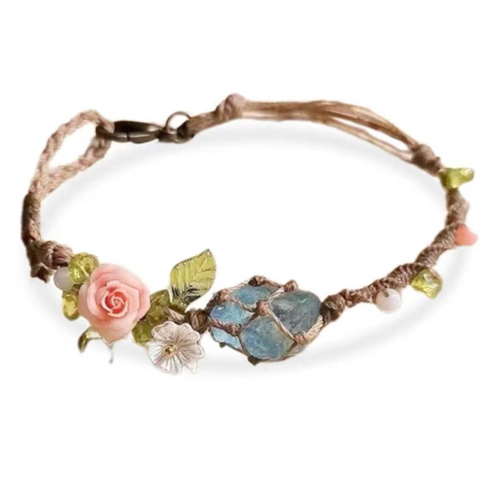 Wholesale Handmade Natural Aquamarine Bracelet with Rope Wrapping Flower Charm Jewelry