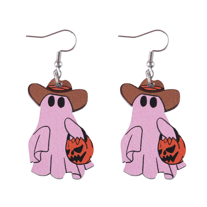 Wholesale  Western Ghost Face Pumpkin Cowboy Hat Ghost Pendant Earrings Wooden Denim Double-sided Earrings