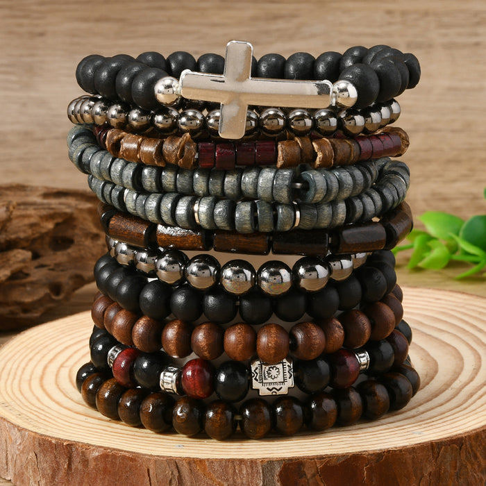Wholesale Bohemian style nut shell wood beaded elastic thread multi-piece bracelet set