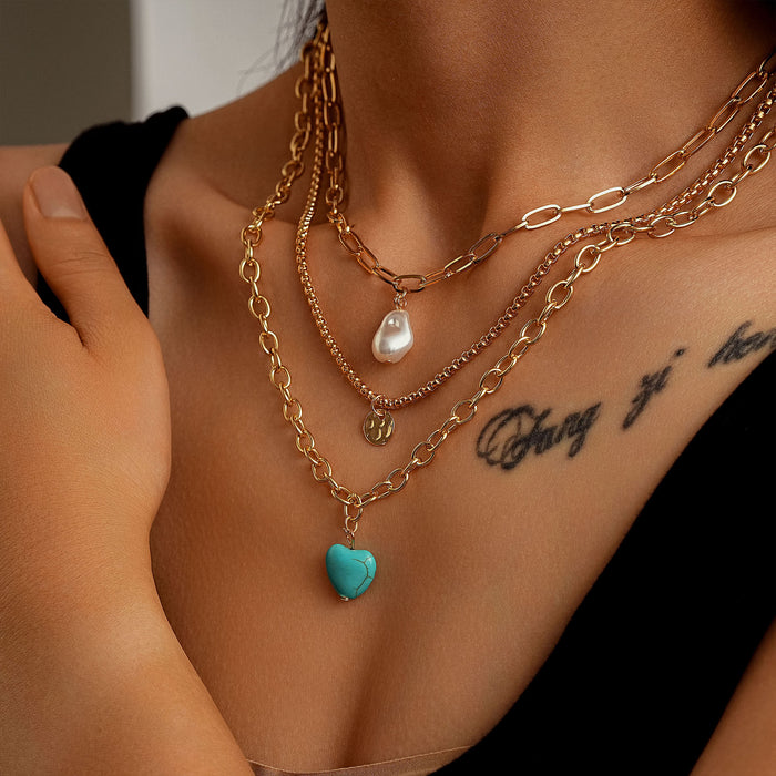 Wholesale Retro Bohemian Heart Turquoise 3-Piece Set Necklace