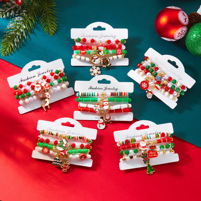 Wholesale Christmas jewelry  elk bell crystal pearl pull-out braided bracelet stacking set