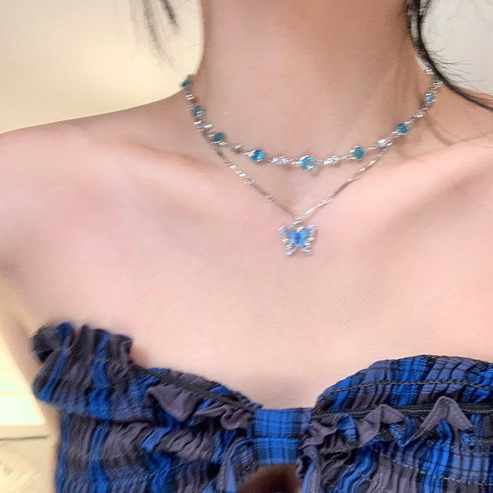 Wholesale Double layered blue butterfly zircon necklace with a luxurious and high-end feel, collarbone chain, fashionable design, niche