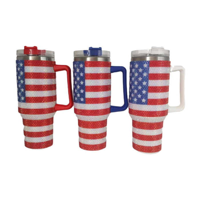 Wholesale Rhinestone Flag Bow Design 40oz Stainless Steel Insulated Car Cup with Handle MOQ≥2