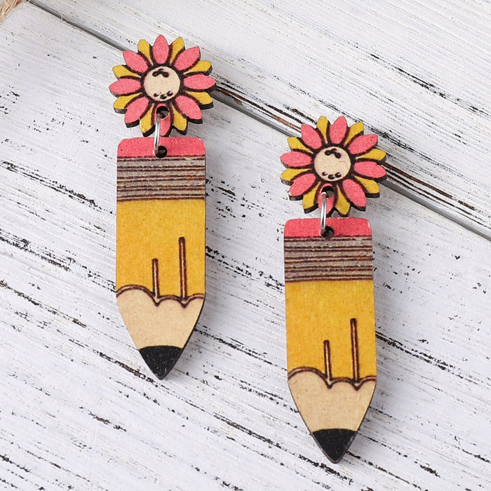 Wholesale Sunflower pencil earrings graduation season students teachers double-sided wooden earrings earrings gift