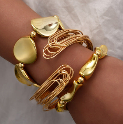 Wholesale Polished Silver Tone Alloy Geometric Bead Bracelet Trendy Irregular Round Bead Jewelry Accessory For Unisex Everyday Boutique Resale