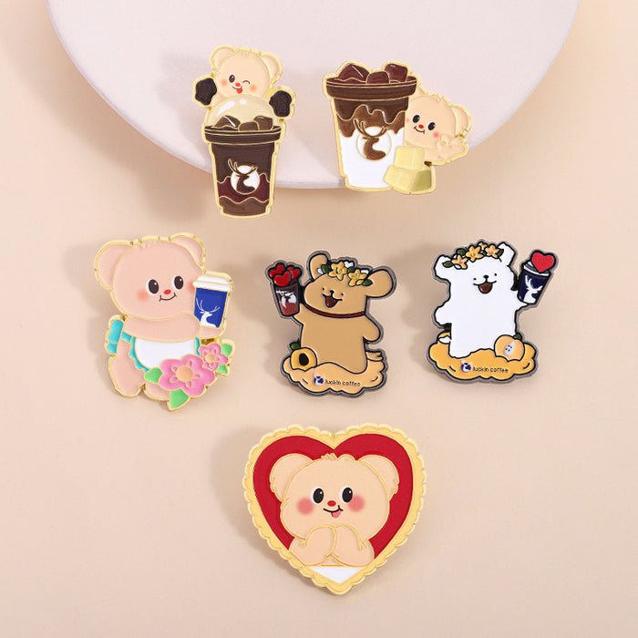 Wholesale Cute Japanese Animal Brooch Pin Bear And Dog Coffee Design Zinc Alloy Fashion Accessory