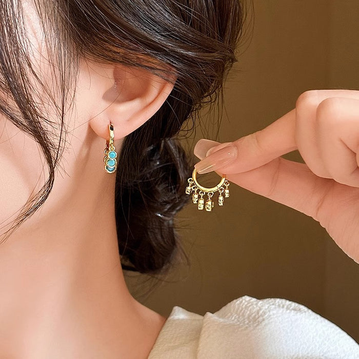 Wholesale Genuine gold electroplated artificial stone blue inlaid diamond tassel earrings with personalized earrings, simple, fashionable and versatile commuting earrings