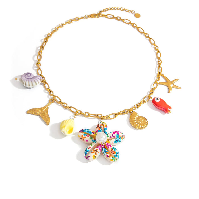 Wholesale Stainless Steel Necklace Exaggerated Big Fishtail Colorful Big Shell Ocean Style Multi-Element  Gold Clavicle Chain