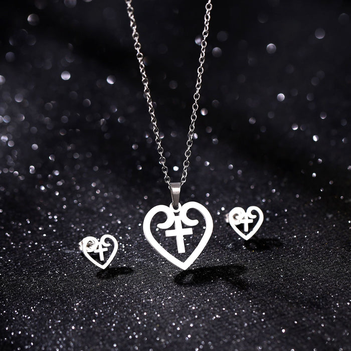 Wholesale Amazon's new stainless steel hollow heart cross necklace earring set smooth jewelry wholesale
