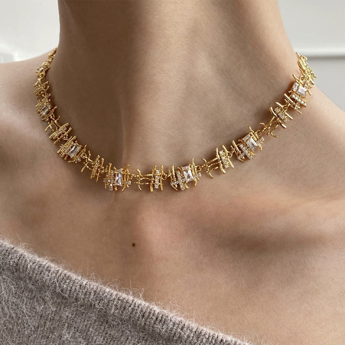 Wholesale Vintage woven zircon necklace earrings with irregular design for women, silver metal earrings, collarbone chain
