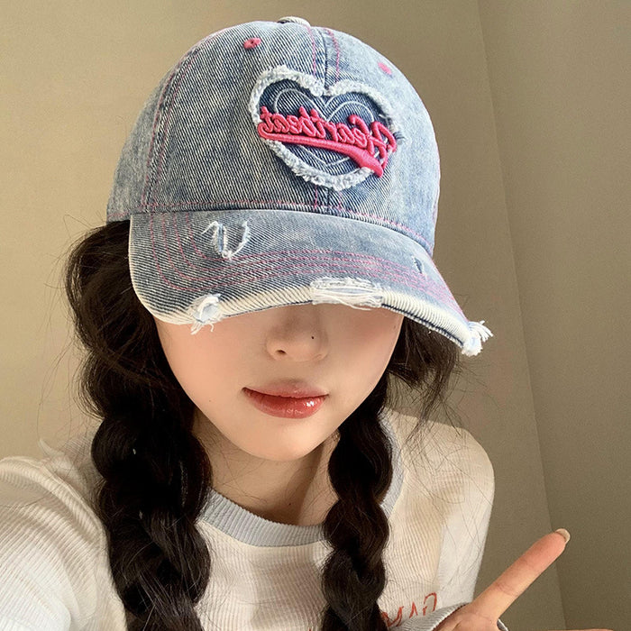 Wholesale Love washed denim baseball cap, retro distressed distressed, wide brim duckbill cap