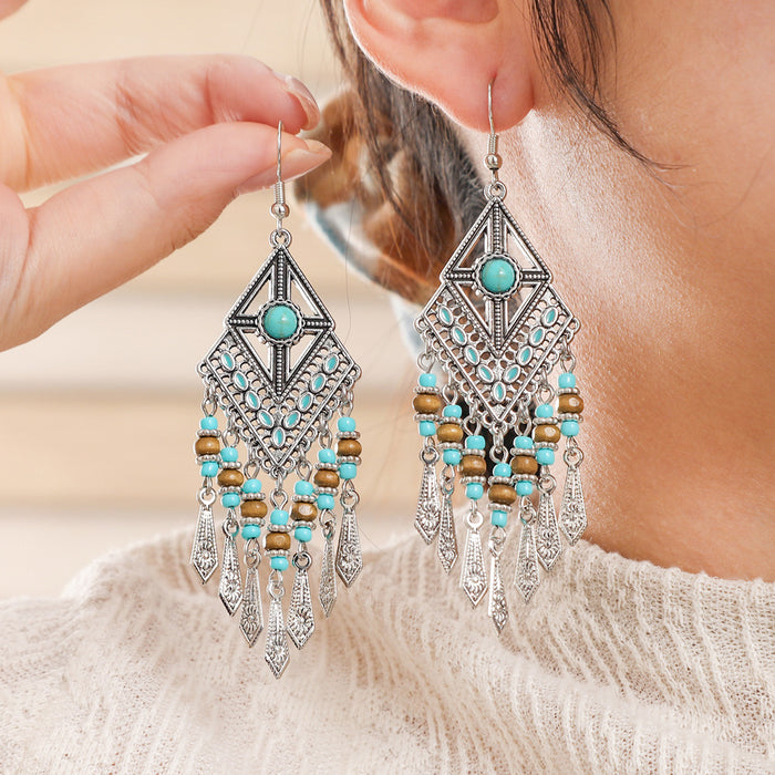 Wholesale Retro Palace Geometric Hollow Tassel Earrings Set Beaded Bohemian Style MOQ≥2