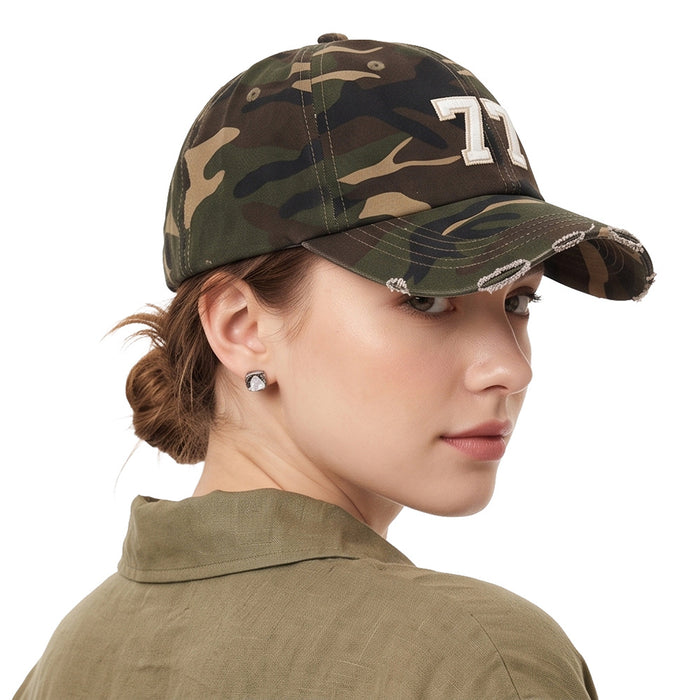 Wholesale Stylish Contrast Number 77 Baseball Cap Distressed Camo Embroidery Fashion Accessory