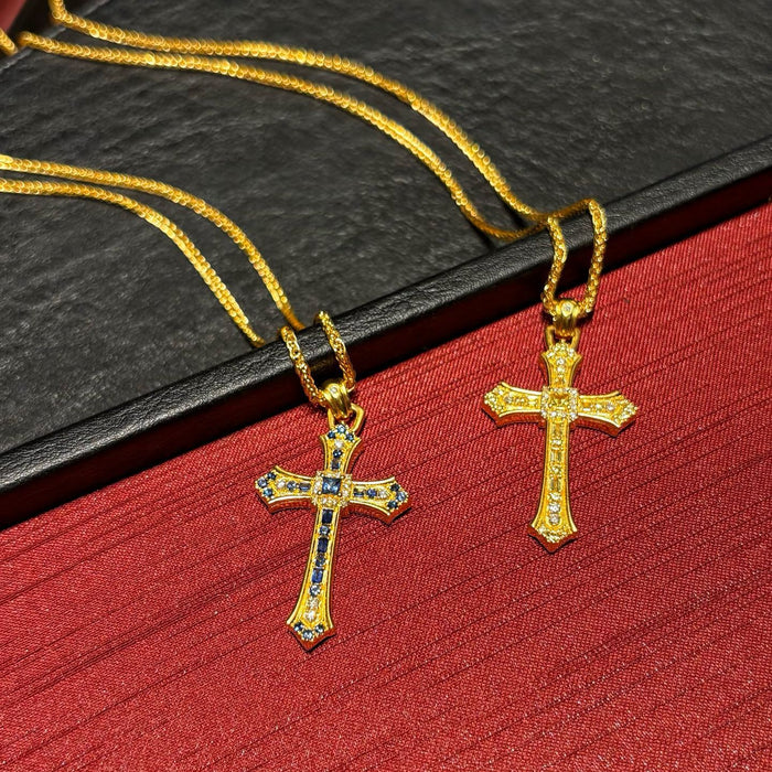 Wholesale 24K Gold Plated Brass Sapphire Blue Cross Pendant Sweater Chain Necklace Trendy Fashion Accessory