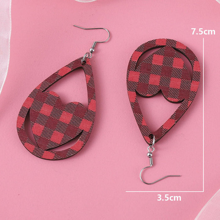 Wholesale Earrings Wood Check Stripe Love Drop Earrings Double Sided Wooden Earrings JDC-ES-ChL006