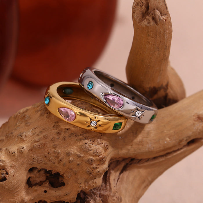Wholesale Stainless steel gold-plated rectangular teardrop geometric colored zircon ring