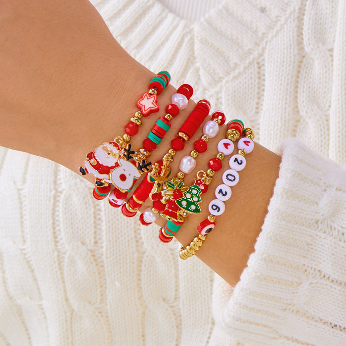 Wholesale Christmas colorful gift bracelet for women Christmas tree gift box letter polymer clay elastic beaded stacking bracelet