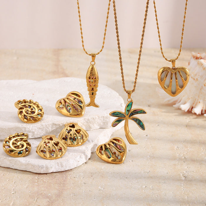 Wholesale Stainless Steel  Abalone Pattern Heart-Shaped Earrings Gold Plated Elegant Niche Light Luxury Necklace