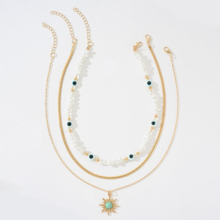 Wholesale Trendy retro octagonal star pendant necklace, layered with a high-end feel, Devil's Eye imitation pearl jewelry