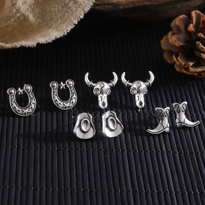 Wholesale Retro ethnic style cowboy earrings Creative design horseshoe bull head flower shoe and hat accessories
