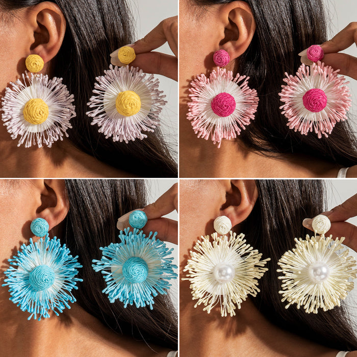 Wholesale hand woven raffia grass holiday style earrings summer color matching beach style earrings