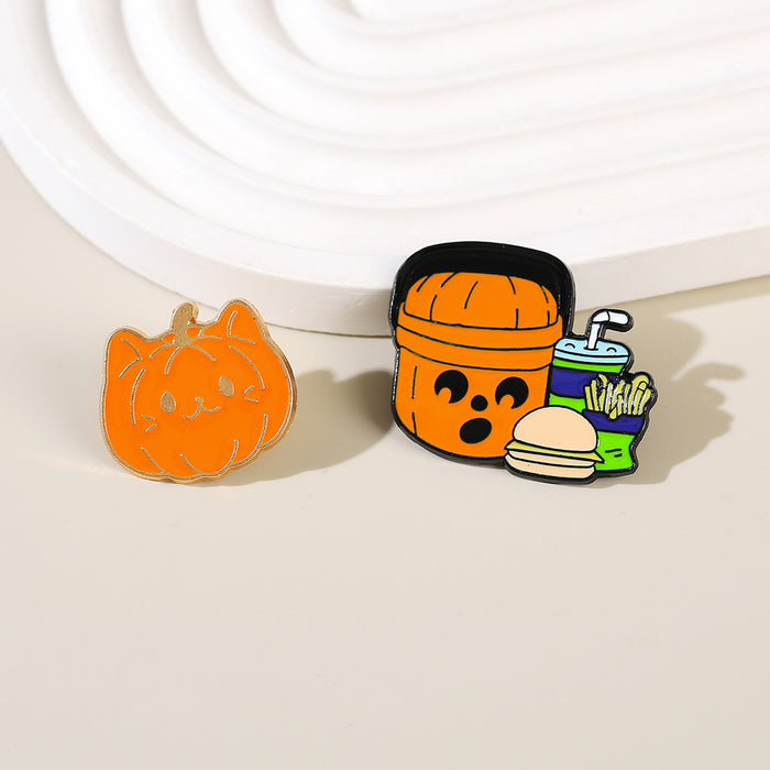 Wholesale  Cat Brooch With Pumpkin And Fries Metal Funny Animal Pin Trendy Jewelry Accessory For Gift And Boutique Resale