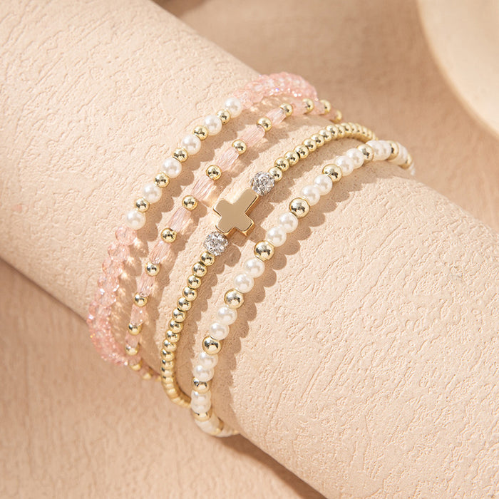 Wholesale Colorful Crystal Elastic Bracelets Ins Style Niche Stacked Cross Bracelet Set