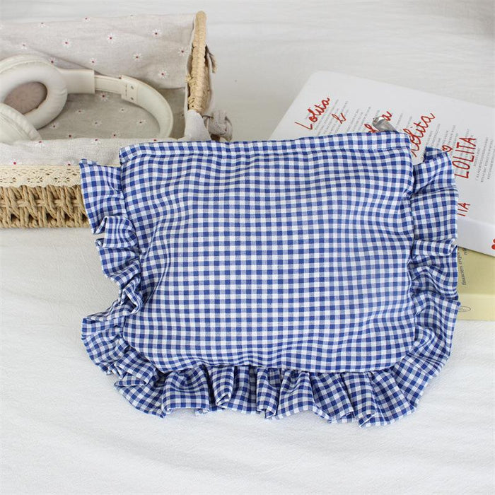 Wholesale Yellow Gingham Ruffle Trim Makeup Bag Large Capacity Portable Cosmetic Organizer For Everyday Use And Boutique Resale