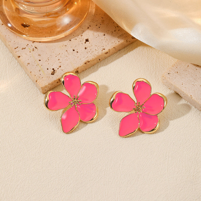 Wholesale Exaggerated metal flower opening ring with oil dripping five petal flower three-dimensional earrings and earrings