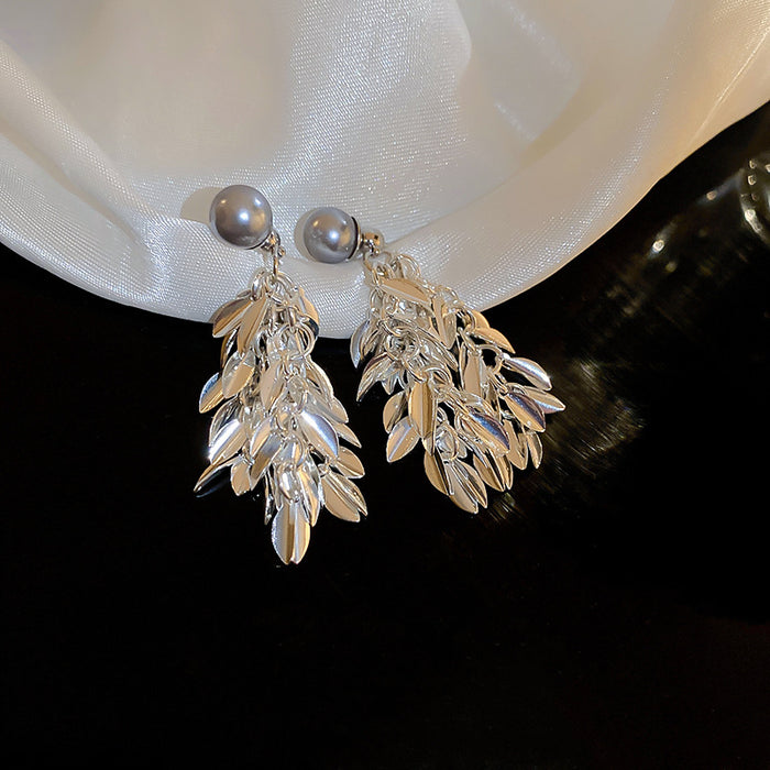 Wholesale metallic leaves tassel imitation pearl silver earrings personality a earrings for women