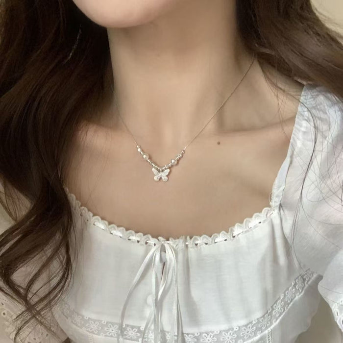 Wholesale Silver Butterfly Imitation Pearl Necklace Women's Simple All-match Fresh Gift