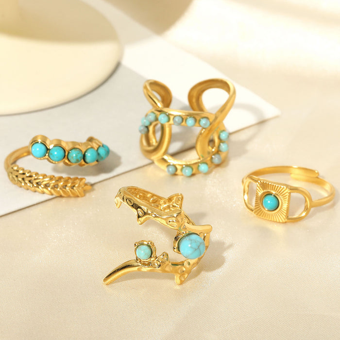 Wholesale Stainless Steel Gold Turquoise Wheat-Ear Design Adjustable rings
