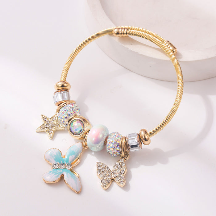 Wholesale Trendy Pink Adjustable Stainless Steel Bangle Bracelet With Rhinestone Butterfly Pendant And Star Accents Fashion Accessory For Resale