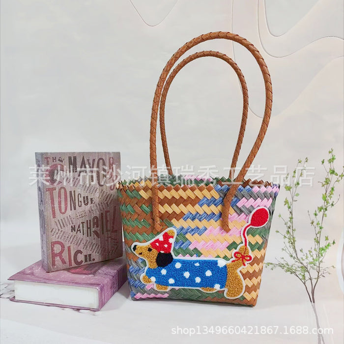 Wholesale Woven Basket Bag Shoulder Hand Bag Cute Rattan Cloth Cartoon Woven Bag