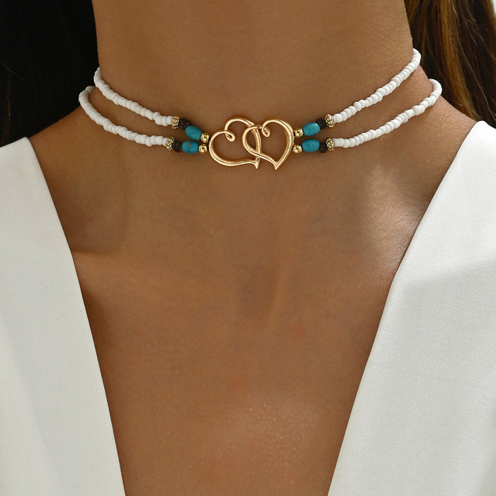Wholesale Beach Vacation Style Double Heart Beaded Jewelry Set Alloy Necklace and Bracelet MOQ≥2
