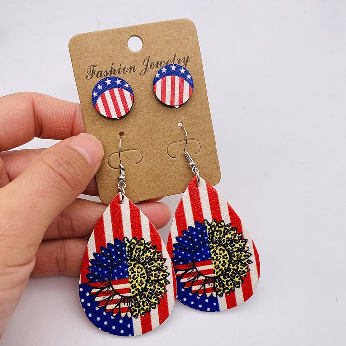 Wholesale New Independence Day Earrings Earring Set with American Flag Round Heart Five Pointed Star Sunflower Leather Earrings JDC-ES-YaChen002