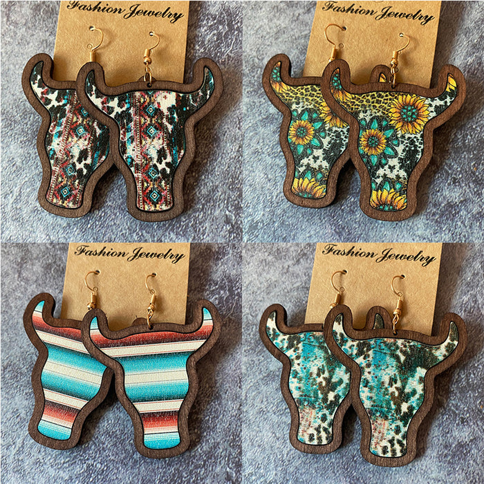 Wholesale Vintage fungus ring with cow head inlaid with Bohemian style earrings, fashionable and trendy accessories