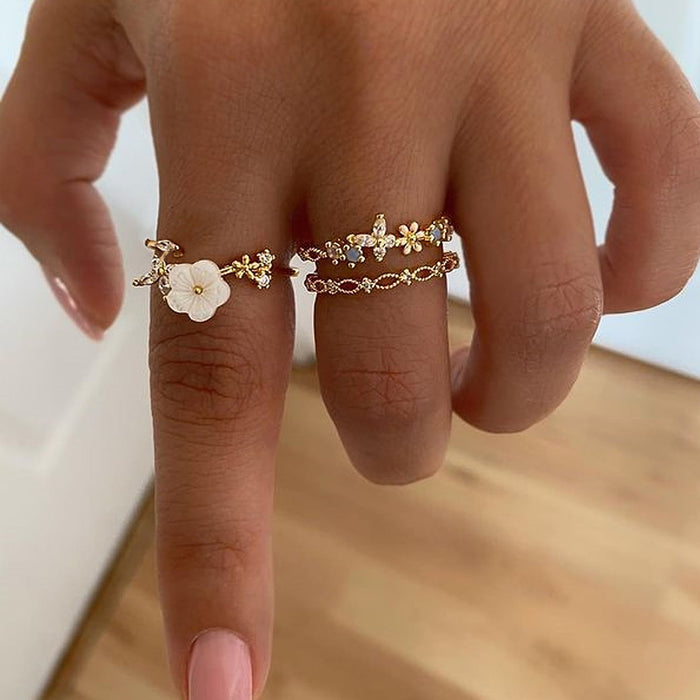 Wholesale Jewelry Fashion Alloy Open Color Diamond Flower Hollow Ring Set