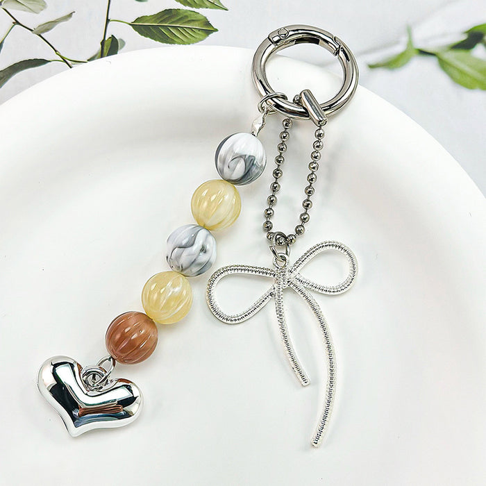 Wholesale Peach Heart Bow Keychain Beaded Metal Heart Keychain