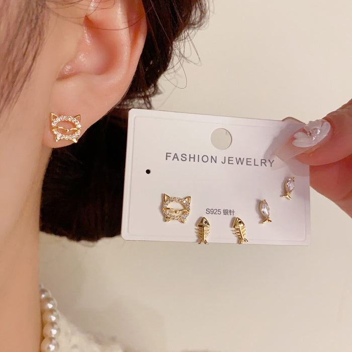 Wholesale  S925 Silver Needle Cartoon Kitten Fish Three-piece  Small All-match Earrings Earrings