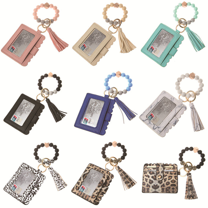 Wholesale Silicone Beads Bracelet Card Holder Leopard Print PU Leather Tassel Pendant Keychain JDC-KC-JinY010