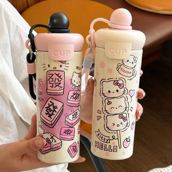 Wholesale 316 Stainless Steel Cute Cat Design Insulated Straw Water Bottle For Students With Carrying Strap