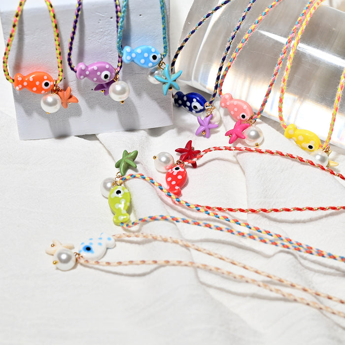 Wholesale Versatile Ceramic Ocean Small Fish Pendant Necklace with Adjustable Rope Chain Starfish Glass Pearl Pendant Jewelry