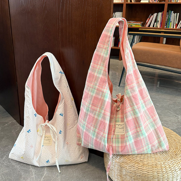 Wholesale Versatile Embroidered Bow Shoulder Bag, Fashionable Artistic Plaid Underarm Bag, Tote Bag