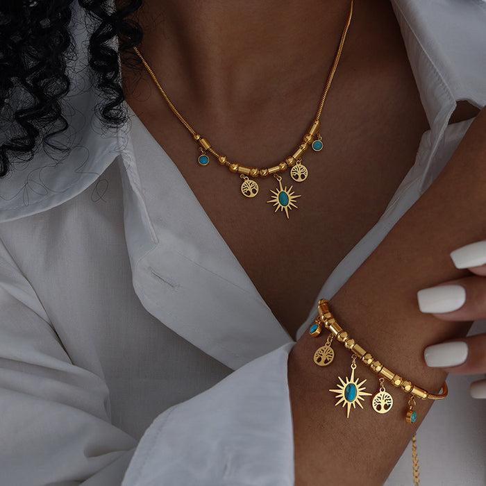 Wholesale Fashionable retro vintage style tassel necklace, women's titanium steel electroplated non fading personalized bracelet set