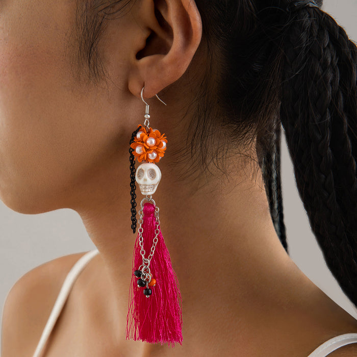 Wholesale  funny fun skull tassel rice beads earrings creative personality rose earrings